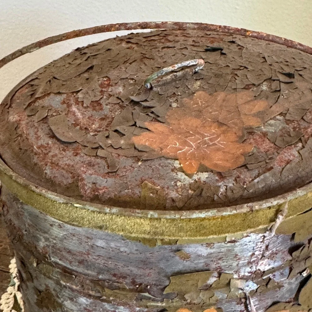 Vintage Primitive Metal Bucket Floral Tin Gingham Lined Rustic Farmhouse Decor